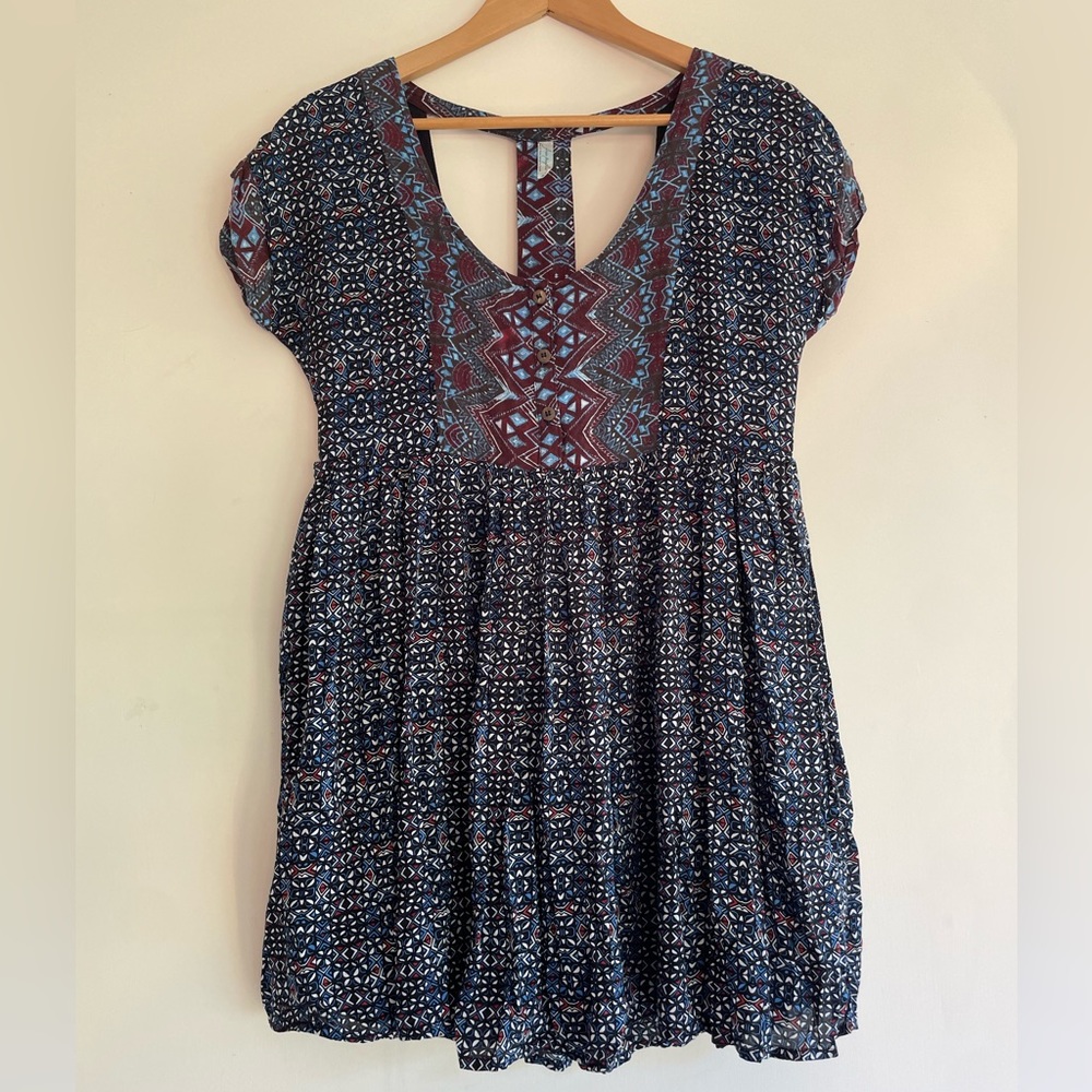 Free People relaxed Sundown mini dress in blue batik Size Medium